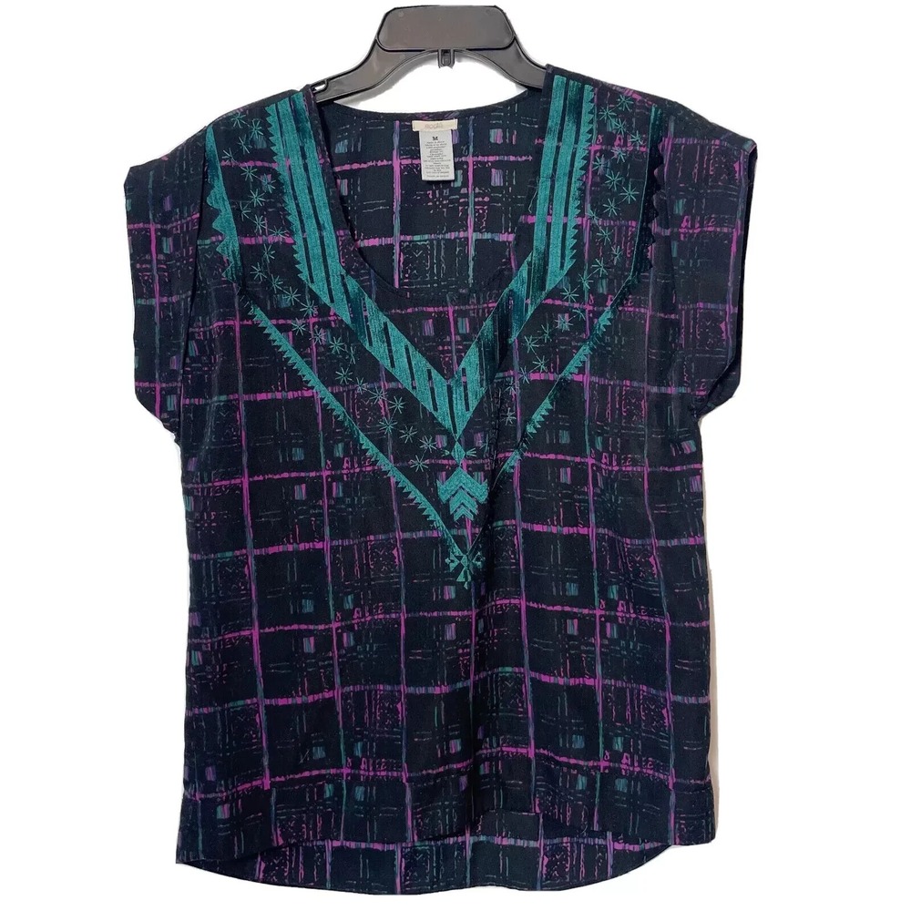 Ecote Embroidered‎ Boho Ethnic Blouse Size M Womens Short Sleeve Plaid 90s